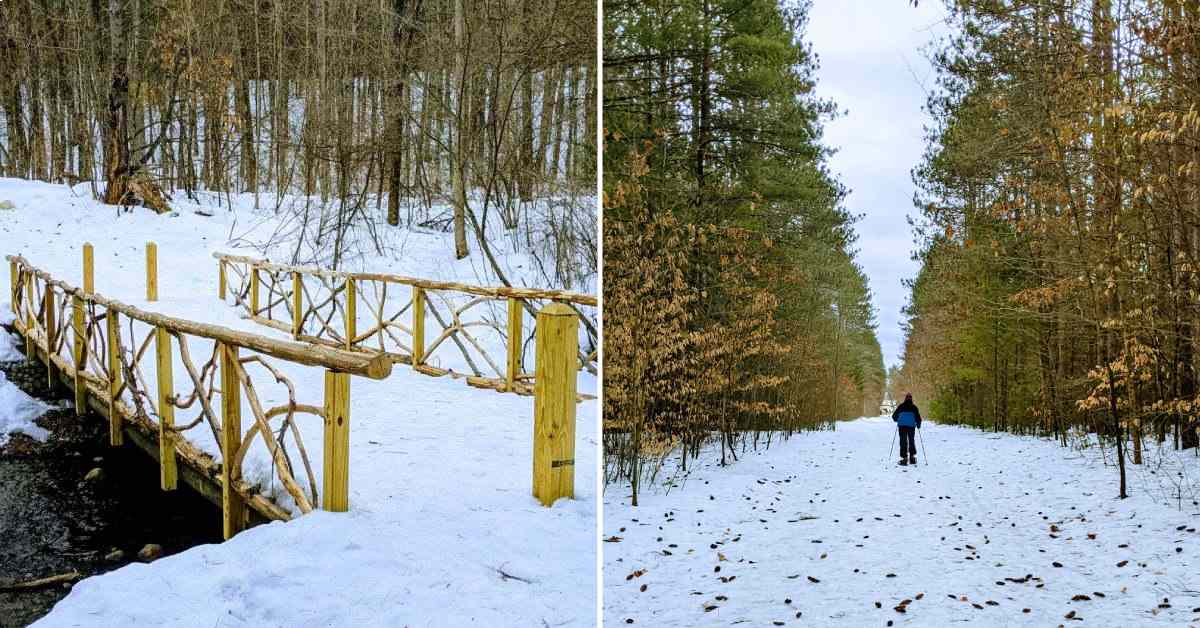 split image. on left is a yellow bridge over a creek. on right is a person snowshoeing on a flat path covered in snow
