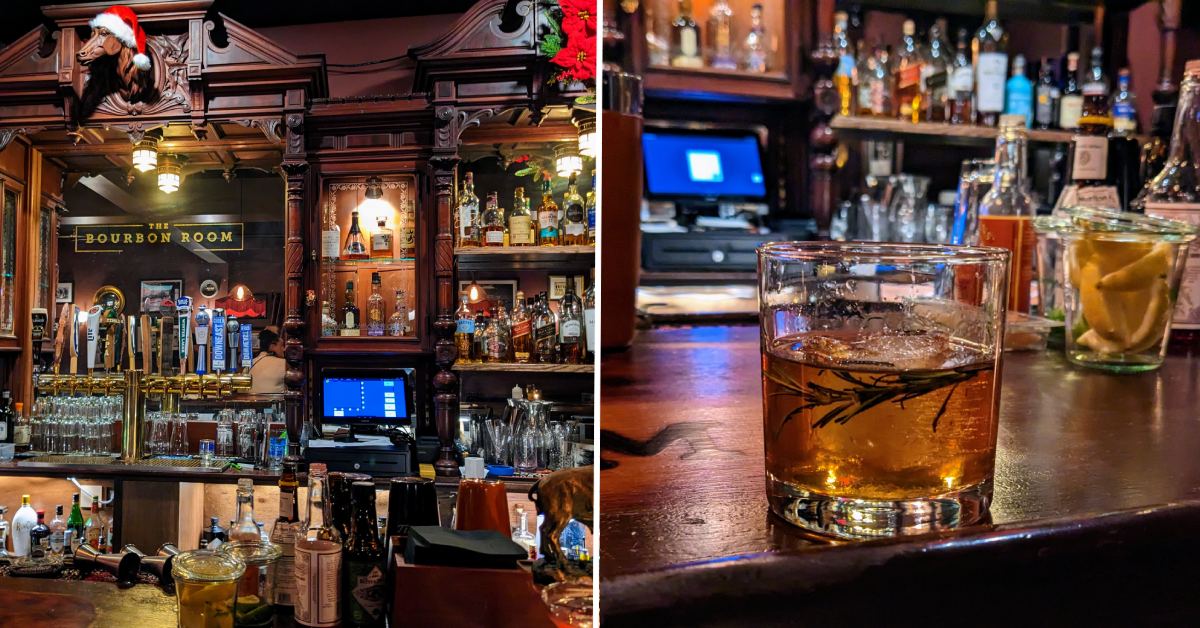 split image with bar on the left and cocktail with rosemary sprig on bar on the right