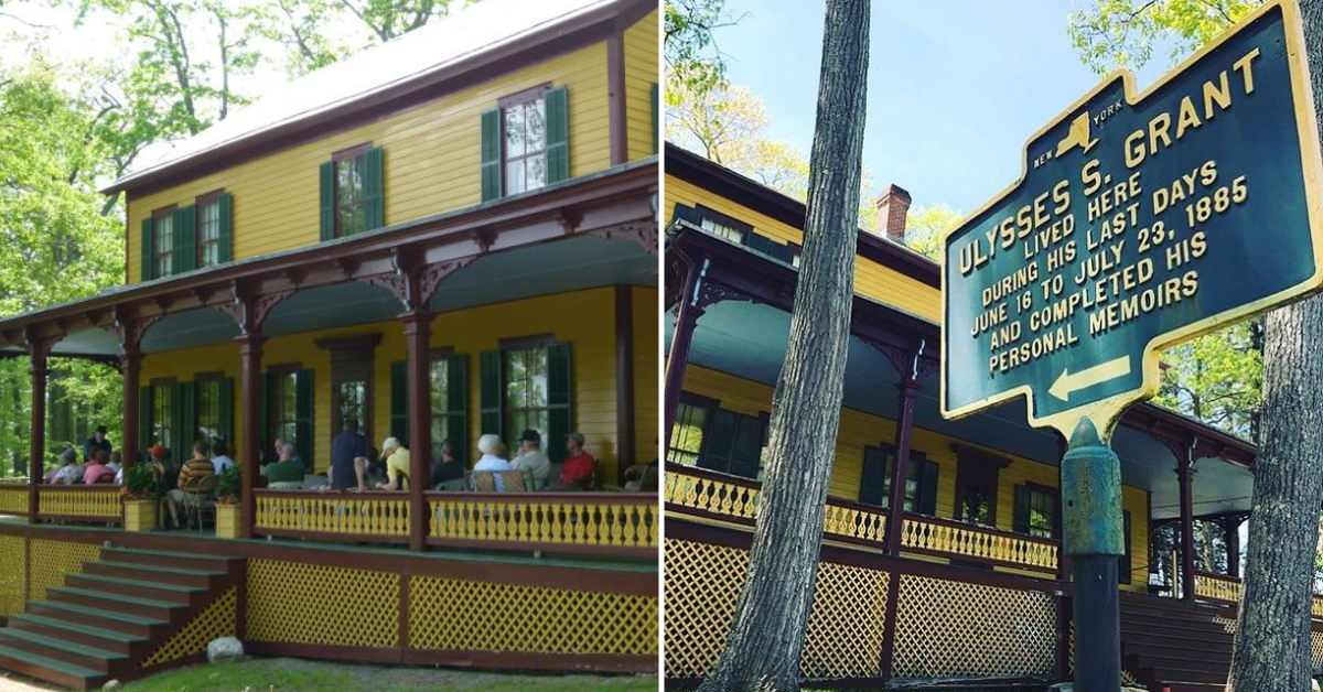 split image. on left is yellow house with people sitting on the porch. on right is sign pointing to the yellow house