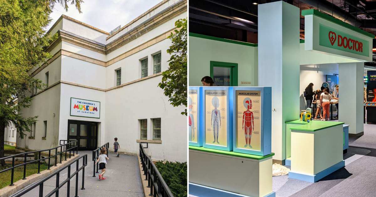 split image. on left is exterior of museum, on right is a hospital display for kids