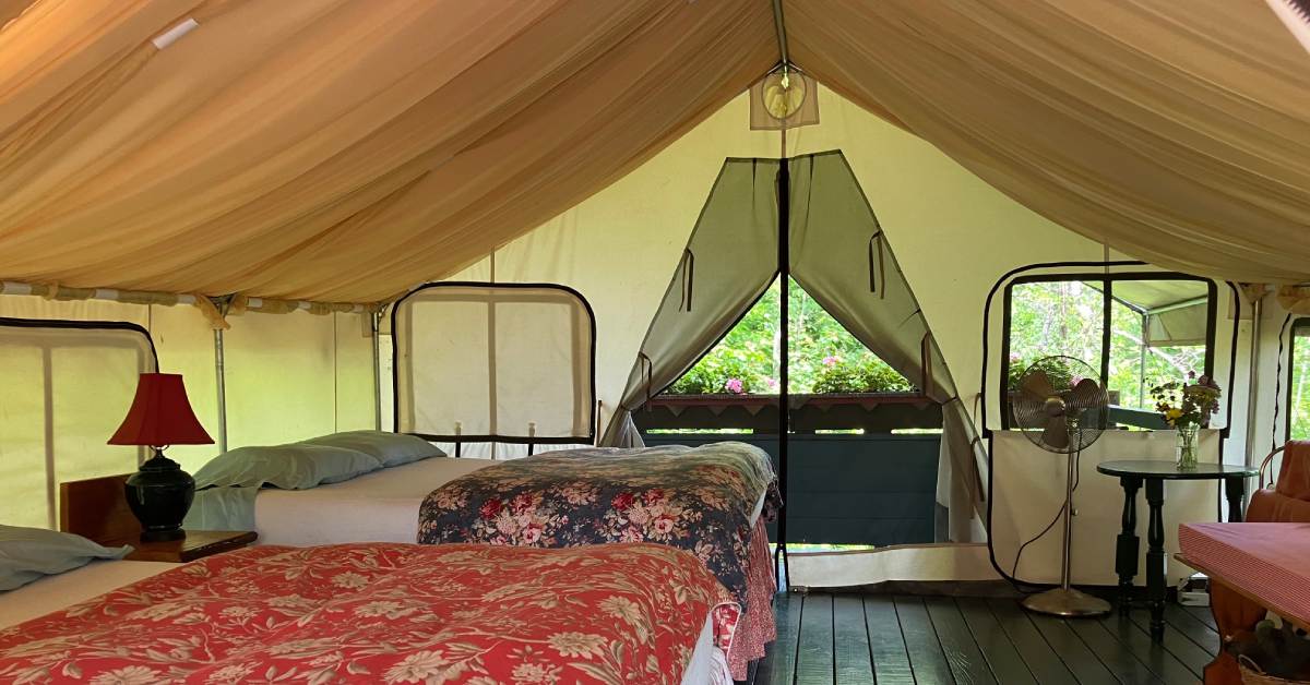inside of a glamping tent with two beds