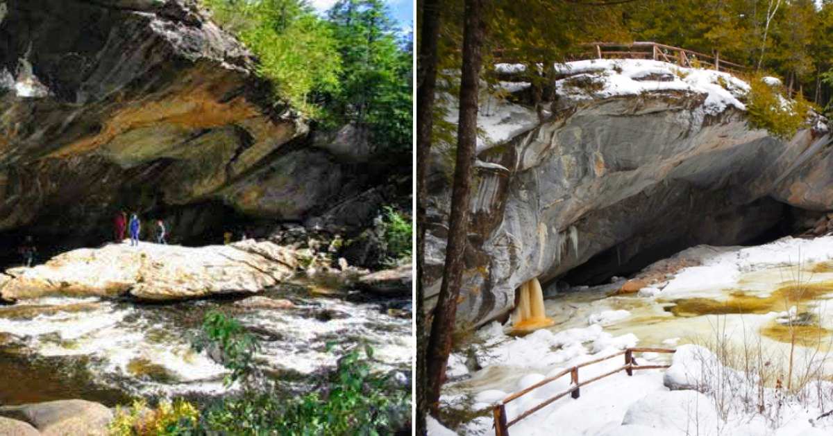 split image of the caves with summer on the left and winter on the right
