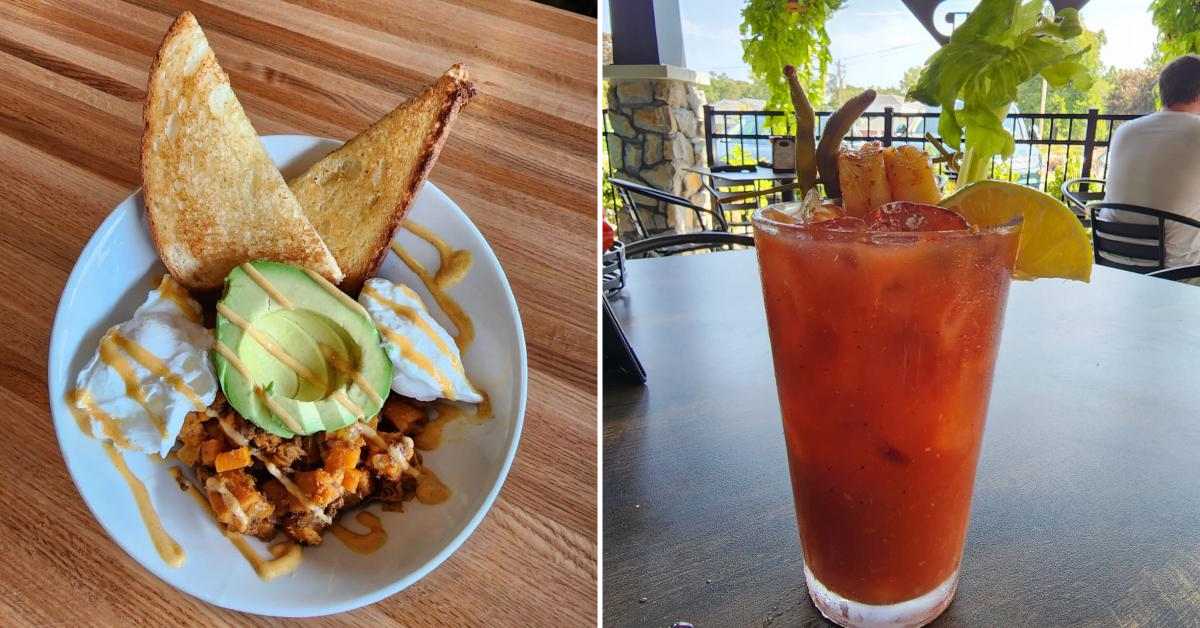 left image of breakfast plate with toast and avocado; right image of a Bloody Mary on an outdoor table