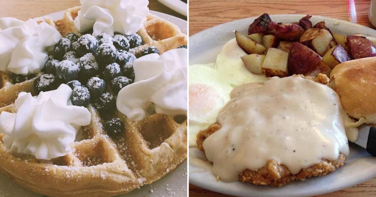 left image of a waffle with blueberries and whipped cream; right image of breakfast food with gravy