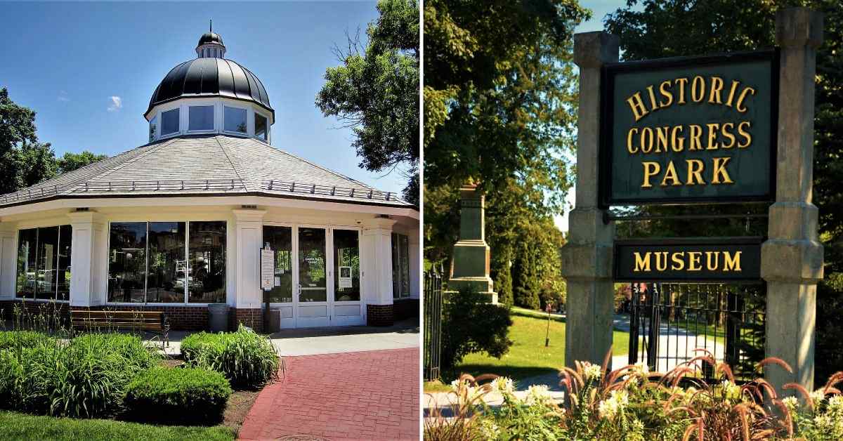 split image. on left is a circular building, on right is a sign for the historic congress park museum