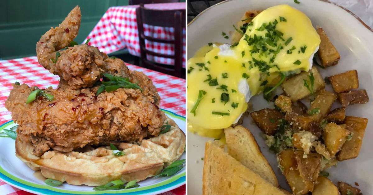 left image of chicken and waffle; right image of eggs benedict and home fries