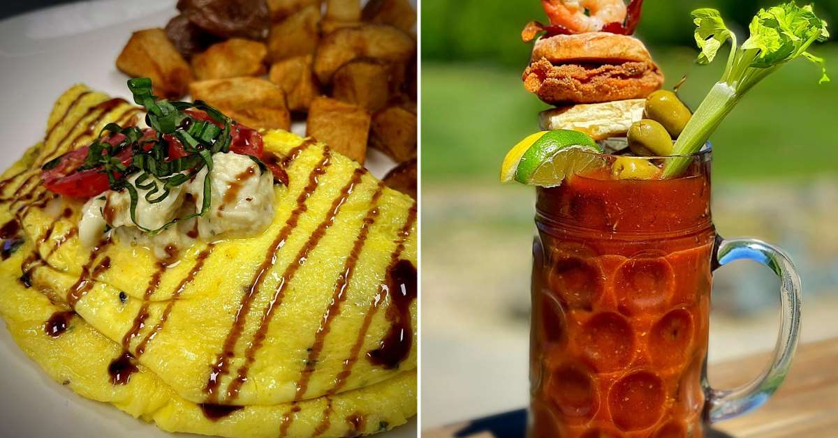 left image of eggs and home fries; right image of a Bloody Mary
