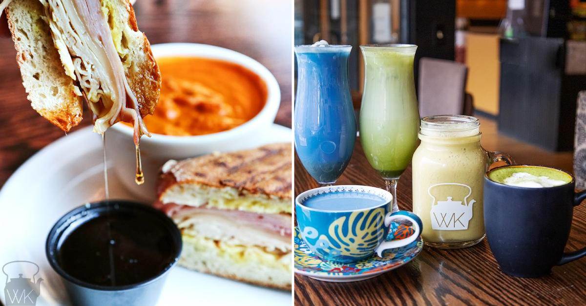 left image of a sandwich and soup; right image of cups and glasses of tea