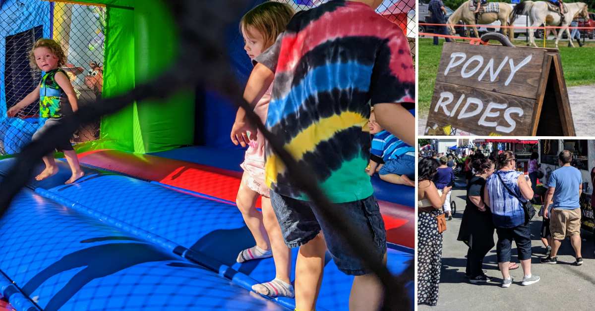 collage of photos of a bounce house, pony rides sign, and people in line