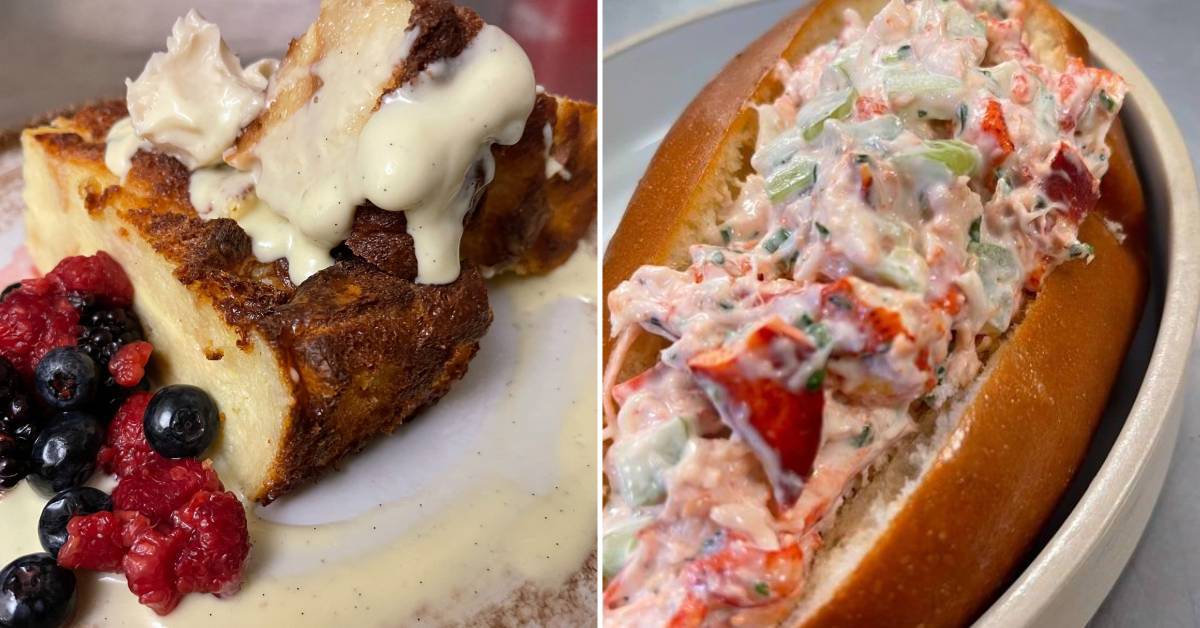 left image of French toast and berries; right image of a lobster roll