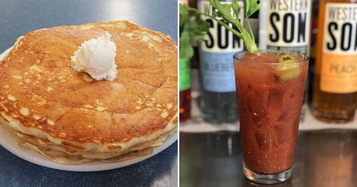 left image of large pancakes and butter; right image of a Bloody Mary