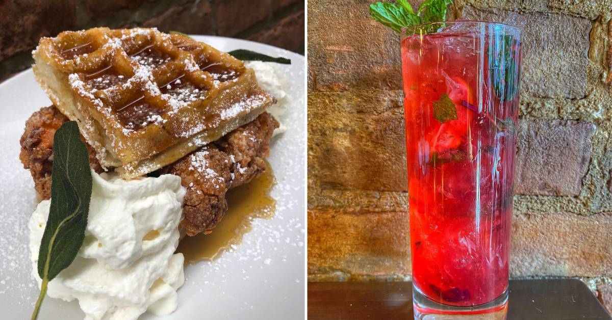 left image of waffles and mint; right image of a red cocktail