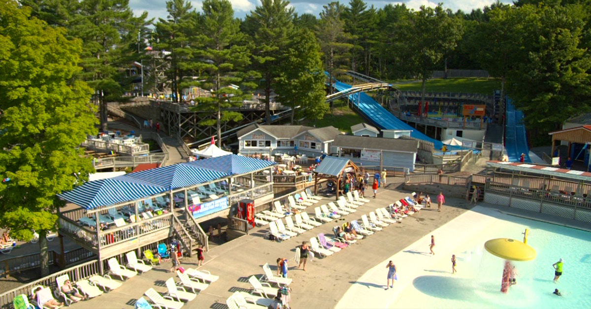 overhead view of a water park