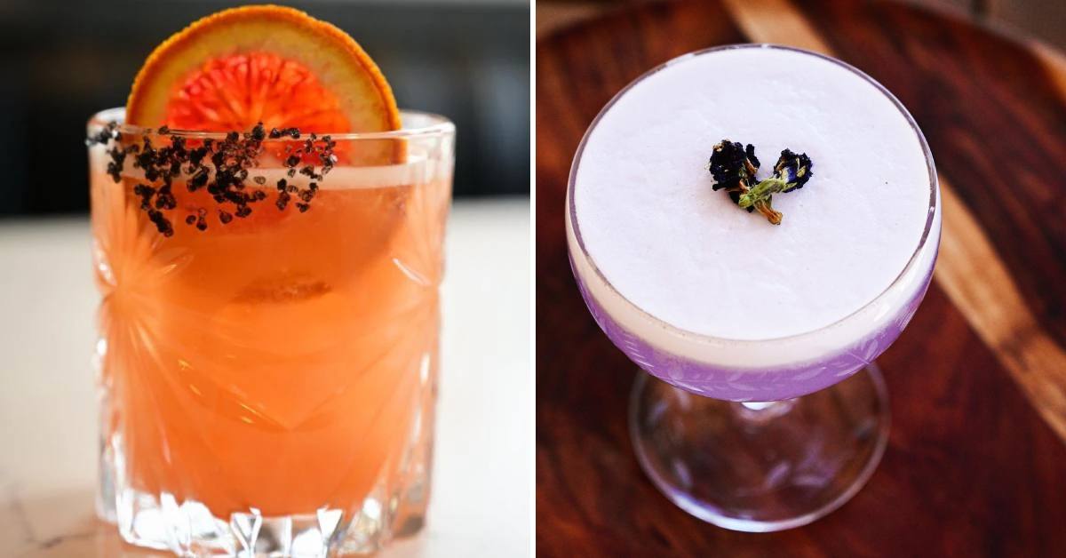 photos of an orange cocktail and a purple cocktail side by side