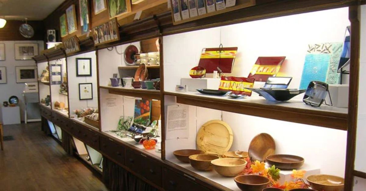 shelves of art items on display