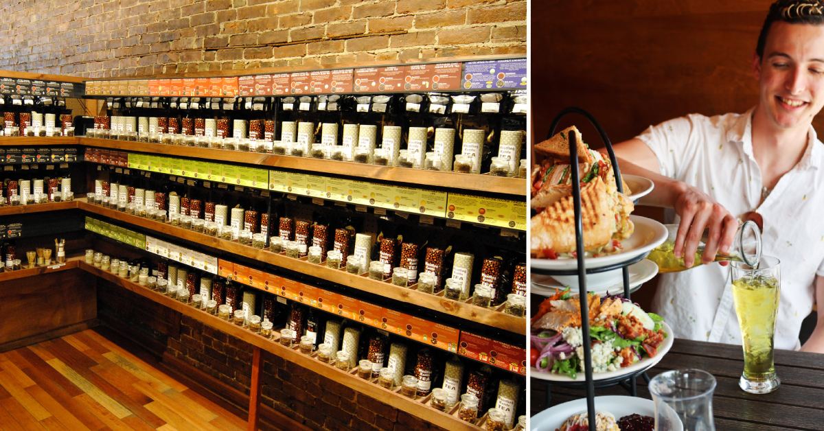 split image with display of teas on the left and waiter pouring iced green tea in front of stacked lunch fare on the right