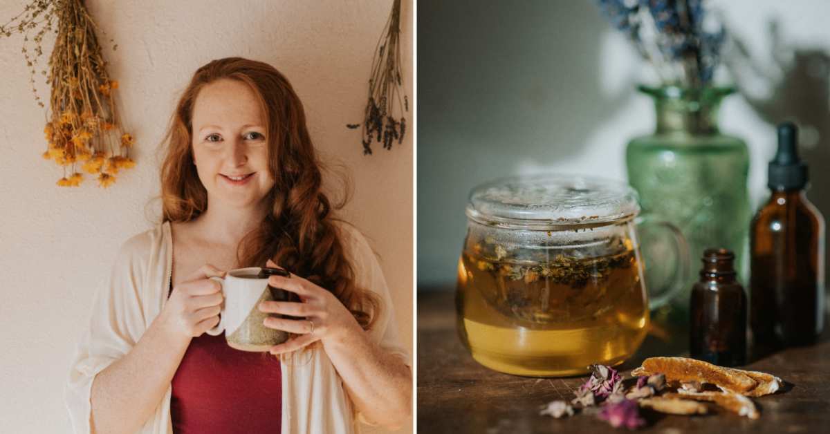 split image with woman holding tea mug on the left, and essential oils on the right