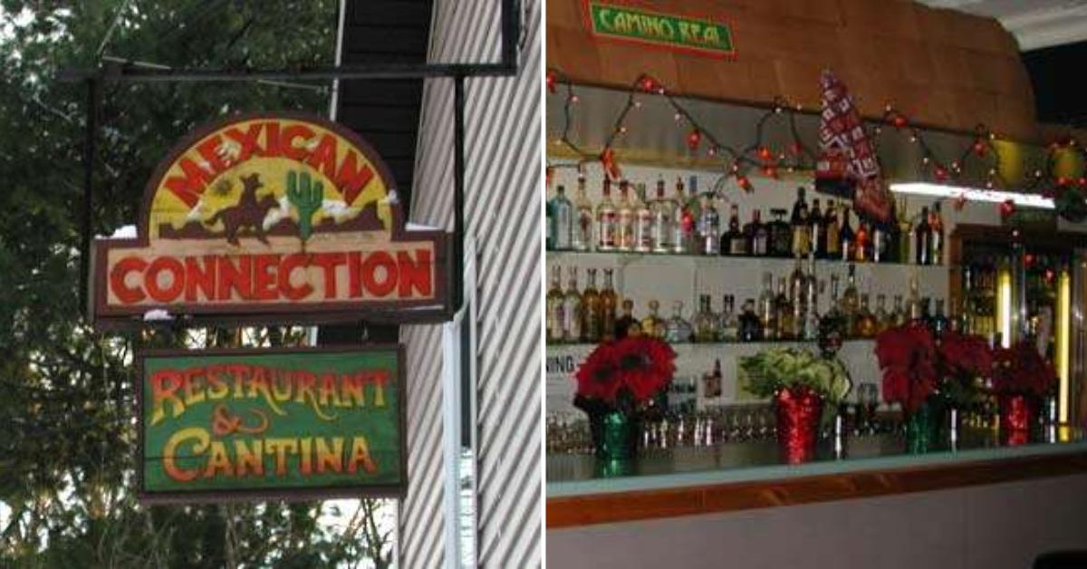 split image. on left is a sign for a mexican restaurant. on right is a bar
