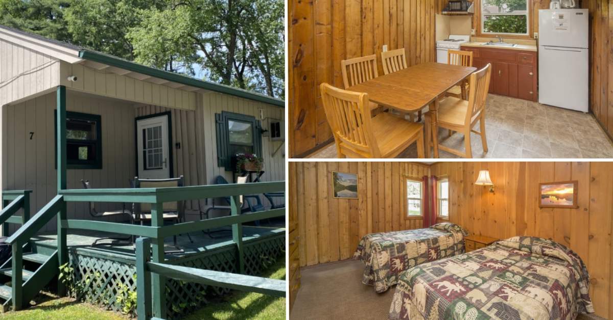trio of images with exterior of cabin, kitchen, and bedroom
