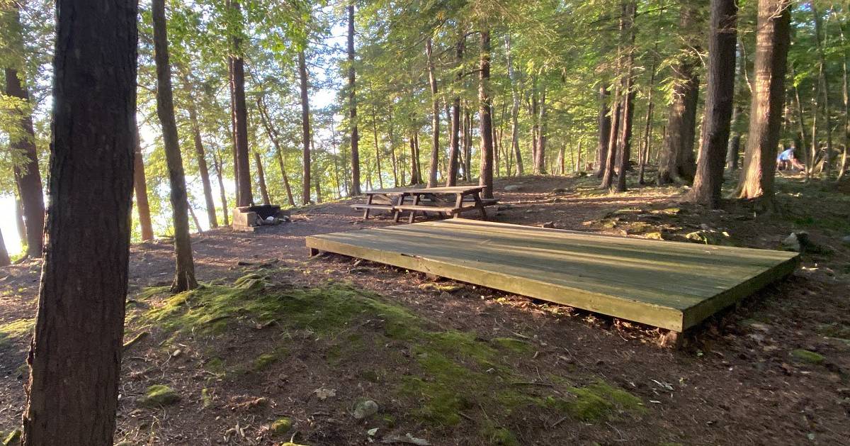 campsite with platform, picnic table, and fire pit