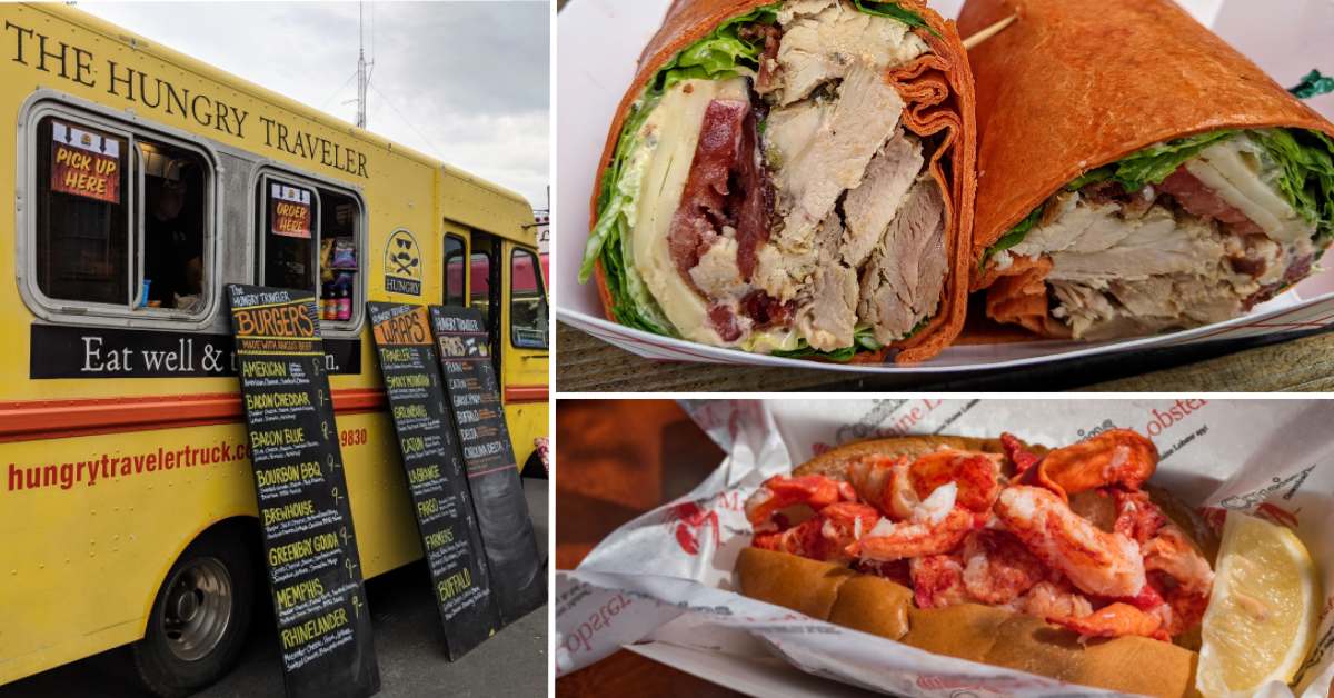 trio of photos with food truck, chicken wrap, and lobster roll