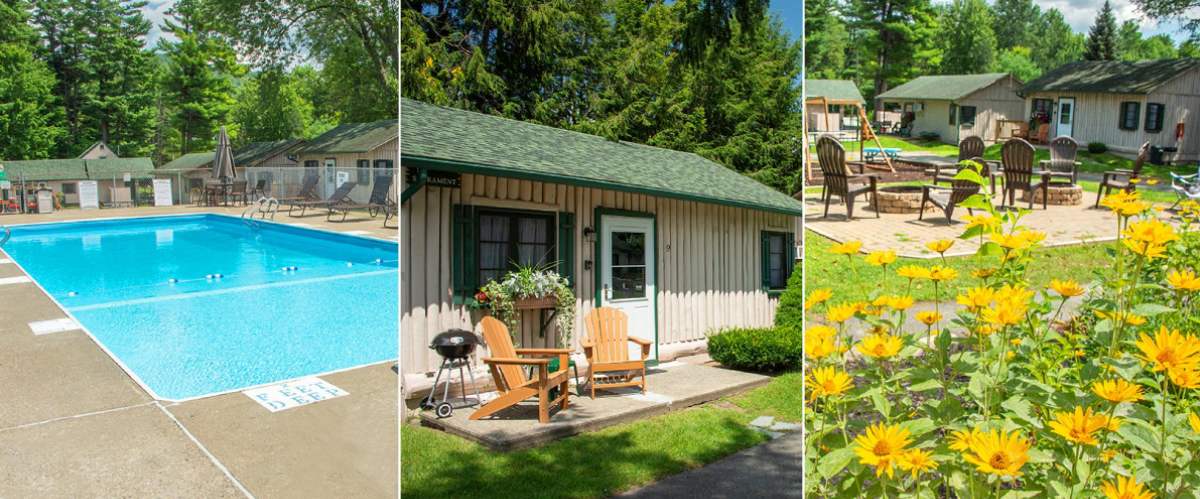 three photos, pool, exterior cabin, cabins and firepit with yellow flowers in foreground