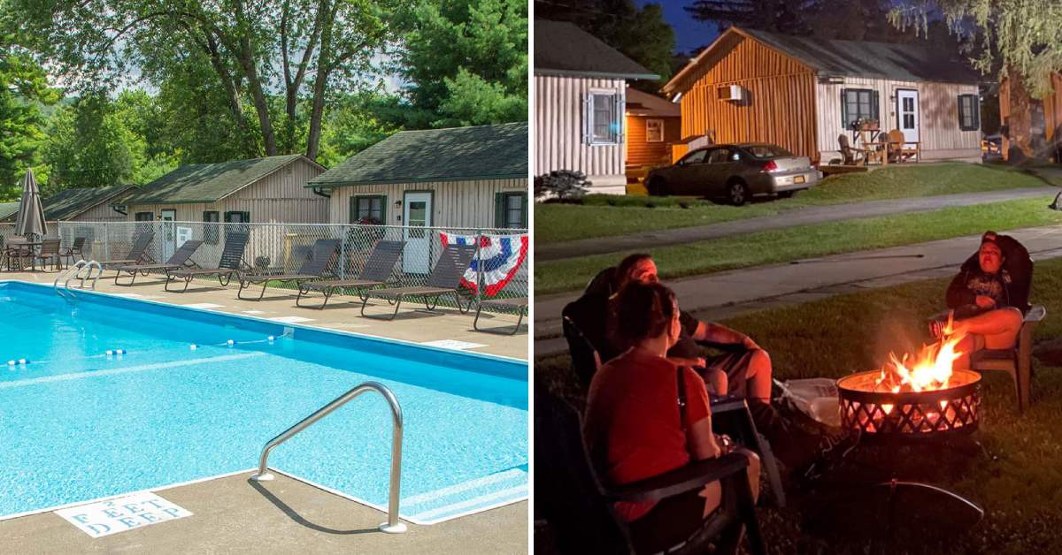 pool on the left, three people around a campfire on the right