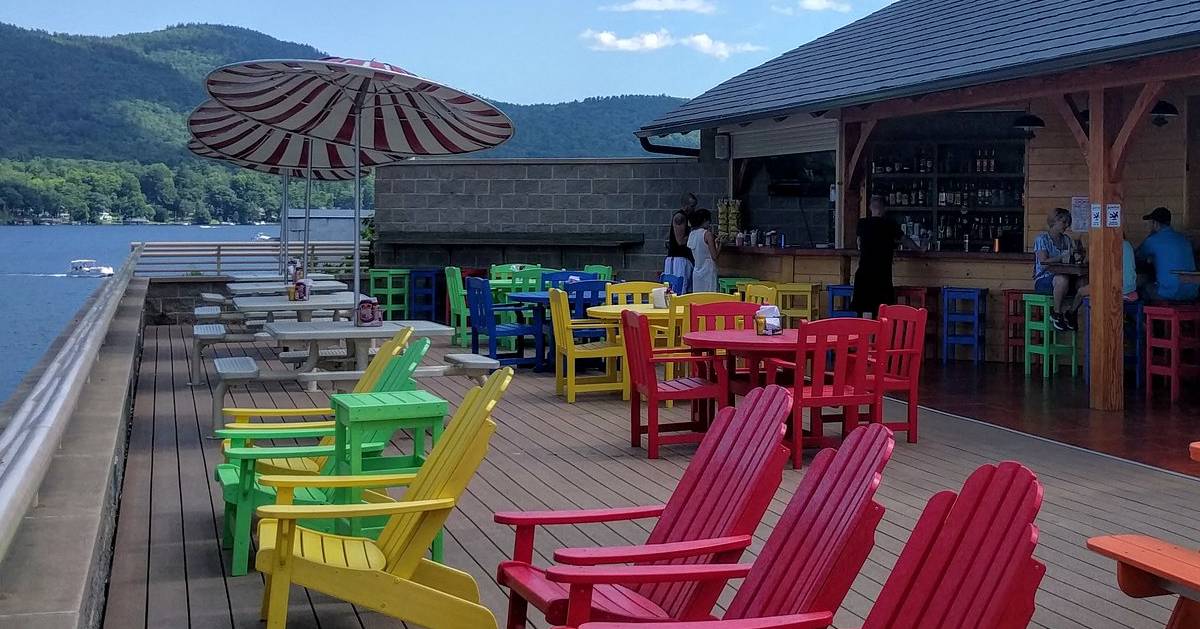 rooftop bar with colorful chairs