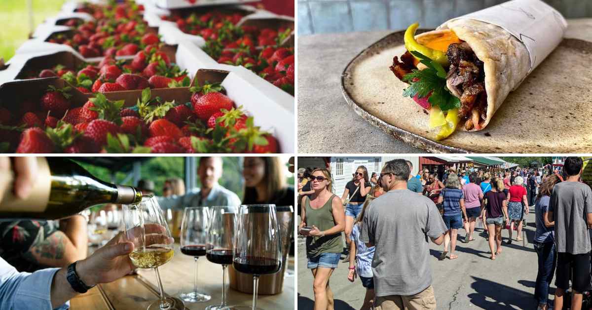 collage with strawberries, steak wrap, wine pouring, and festival crowd