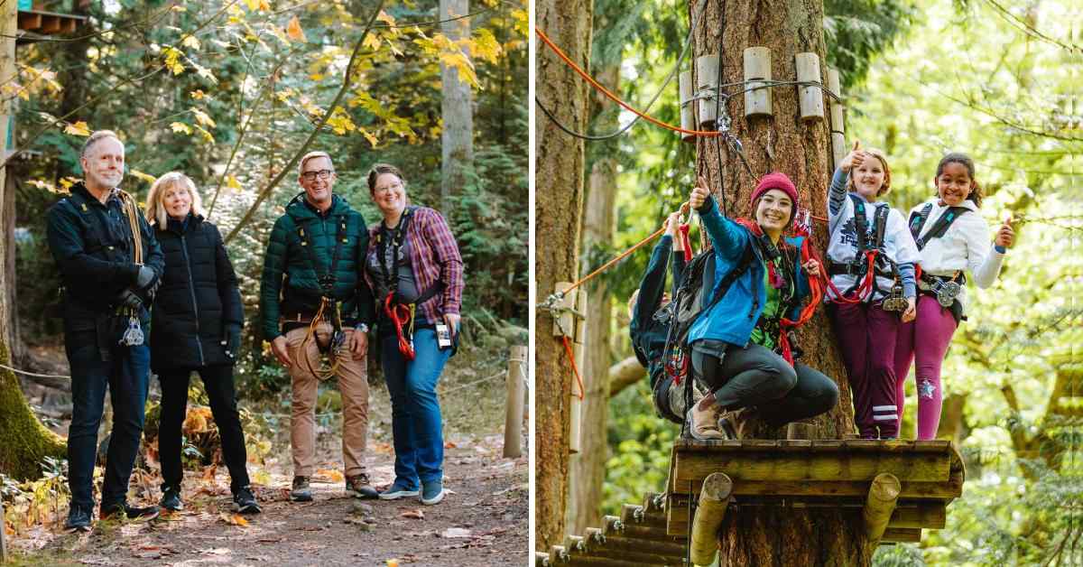 left image of adults in the woods; right image of woman and two girls on a treetop platform