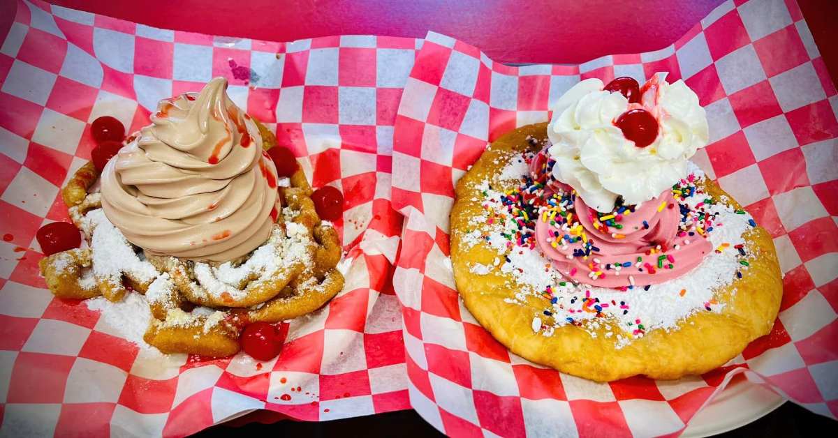 funnel cake and fried dough with ice cream on it