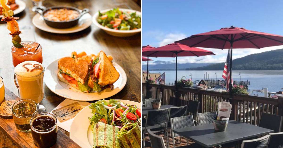 split image. on left is various plates with food on them. on right is patio with tables and lake in the background