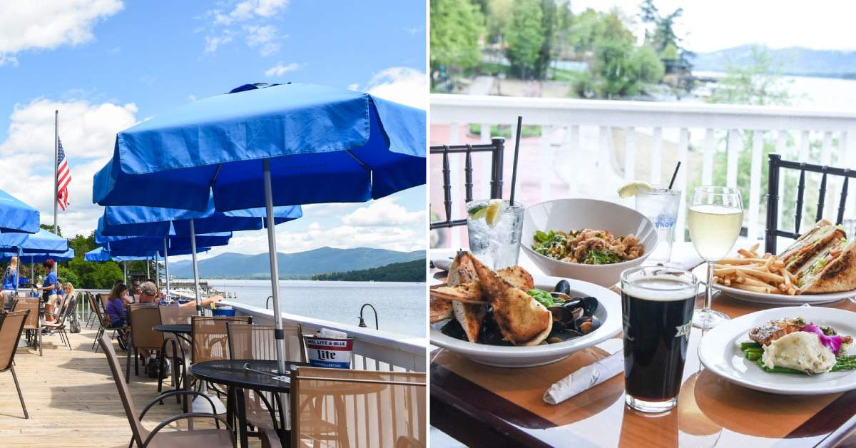split image. on left is patio overlooking water. on right is table with food and drinks on it