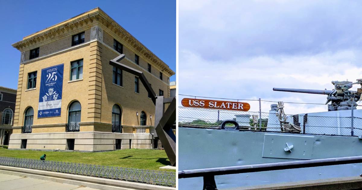 split image with outside of art and history museum on the left and part of the USS Slater on the right