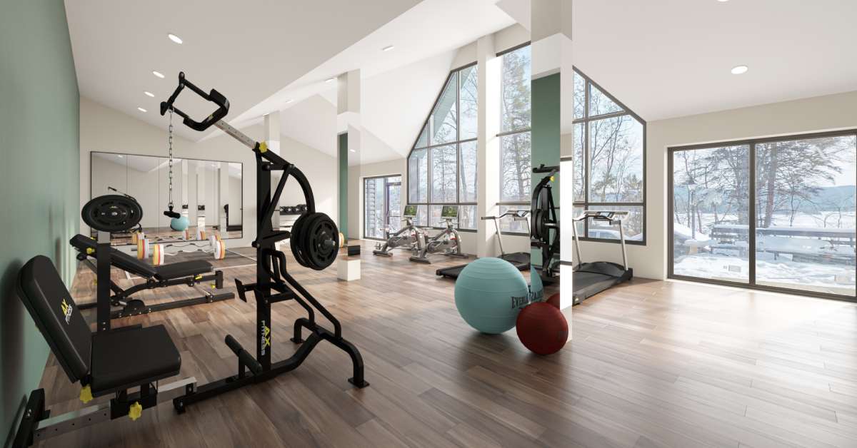 fitness center with large windows