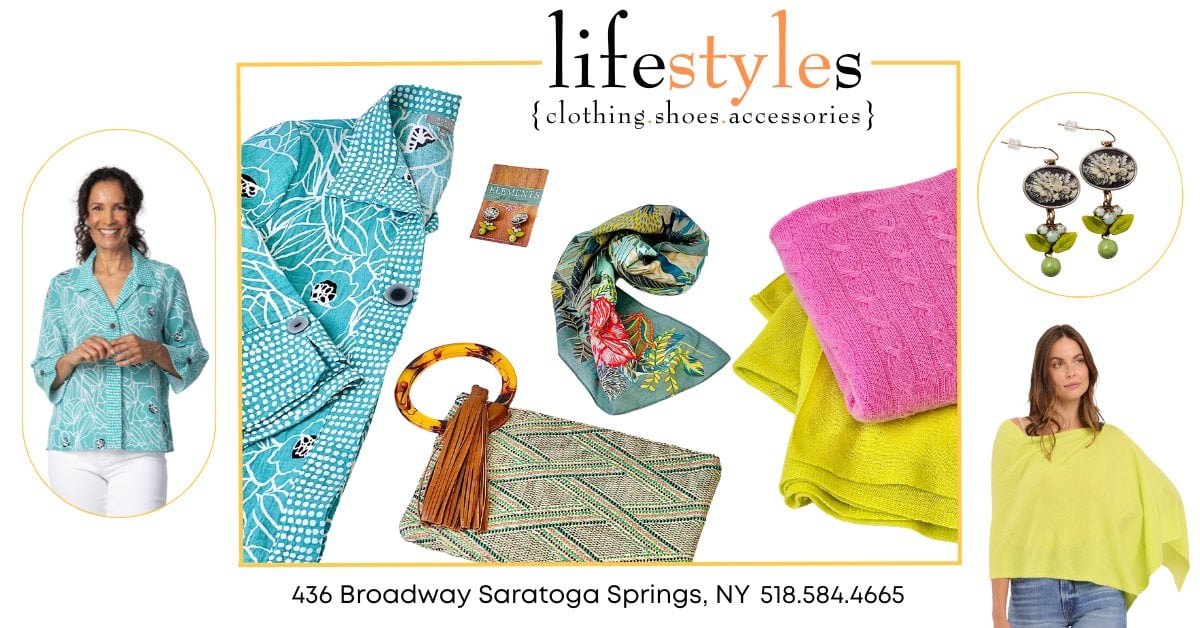 promo image for Lifestyles of Saratoga products with two women and items