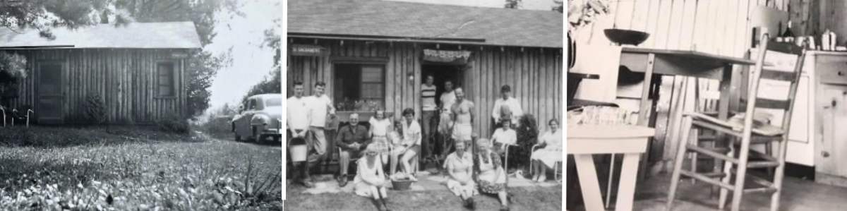 three side-by-side black and white photos of cabin, group of people in front of cabin, and chair and table in cabin