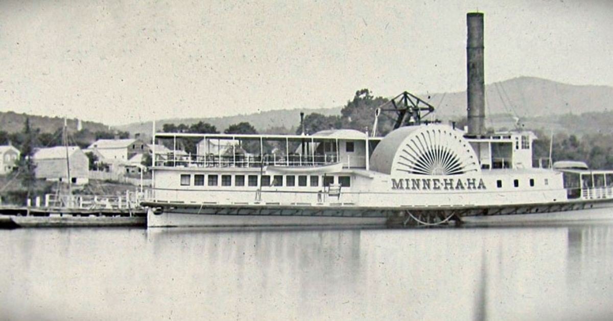 black and white photo of the first minne ha ha on the water