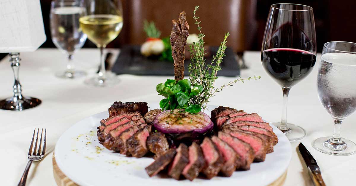 steak dinner with wine