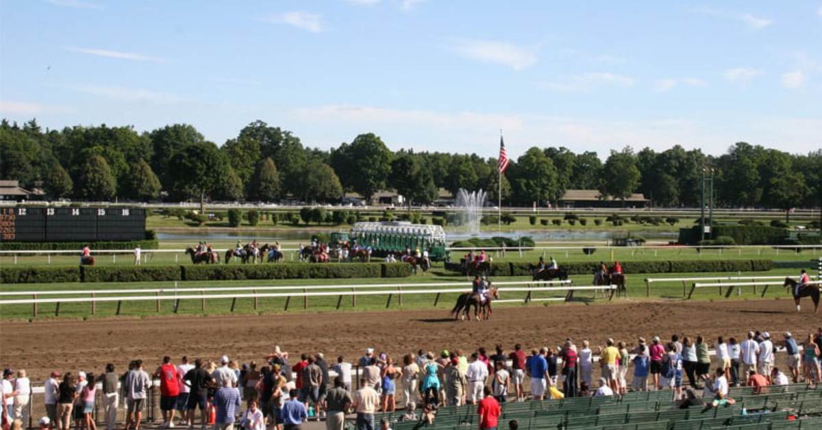 view of stands and dirt track at Saratoga Race Course