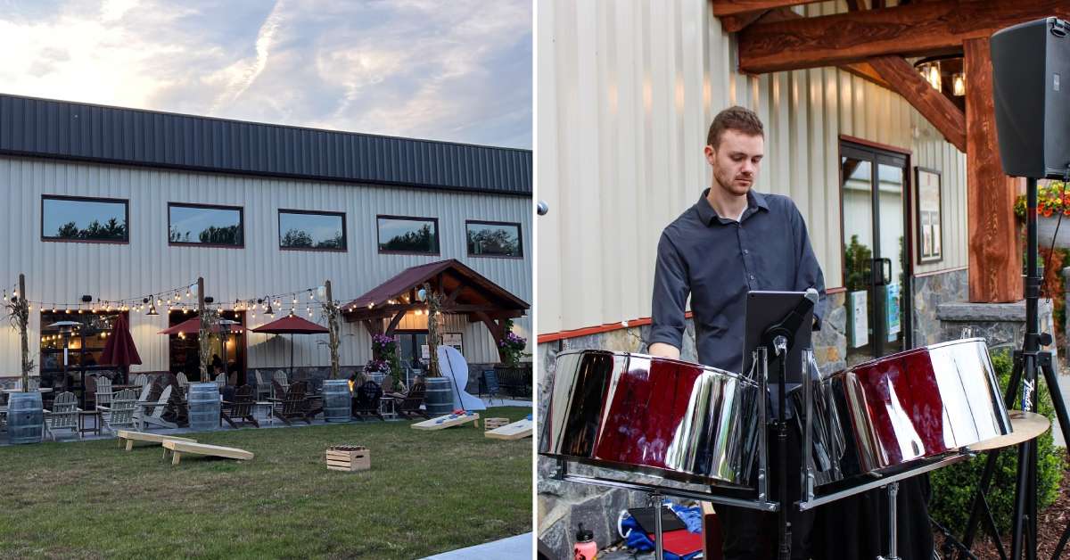 split image. on left is exterior of adirondack winery queensbury. on right is man playing instrument