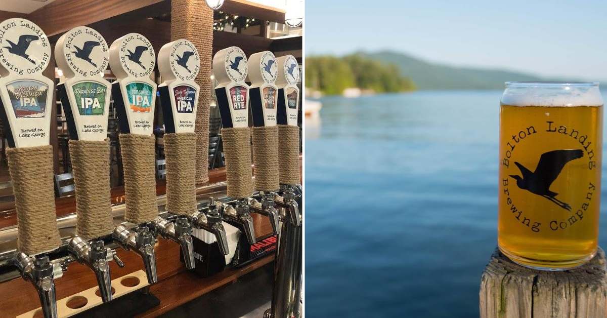 split image. on left is beer tap handles, on right is glass cup of beer in front of a lake