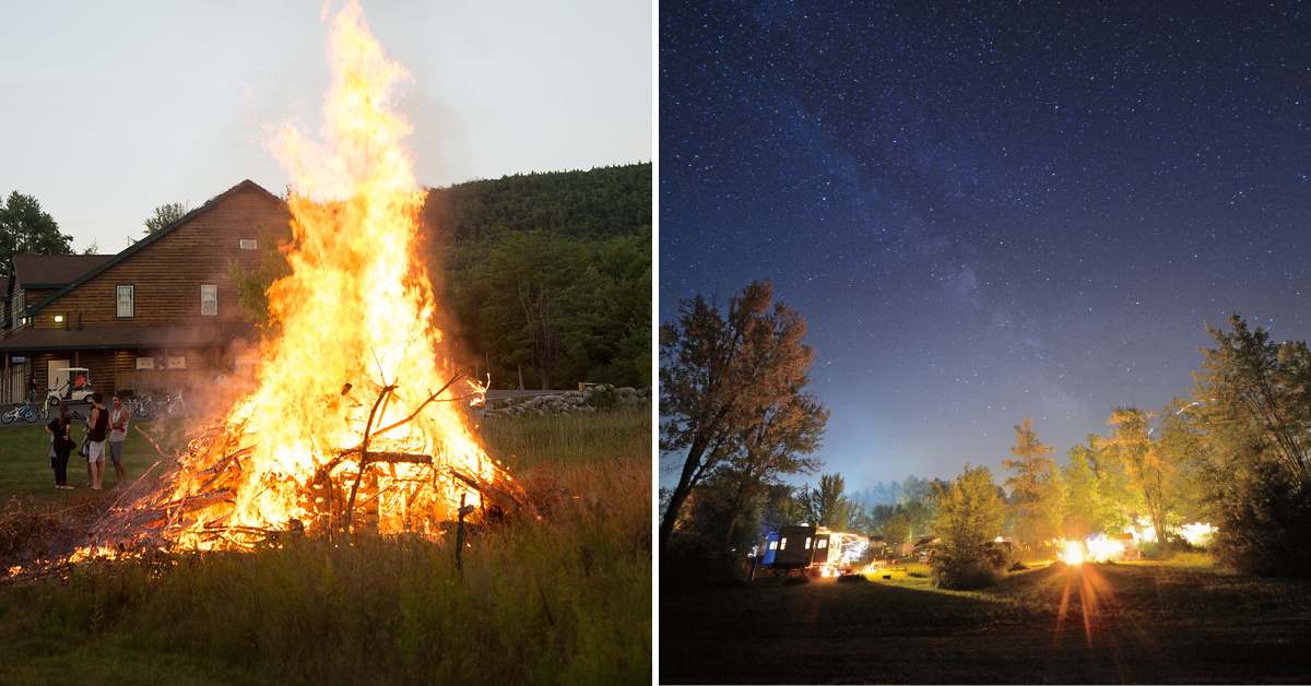 bonfire on the left, campground in the evening with campfires in the distance on the right
