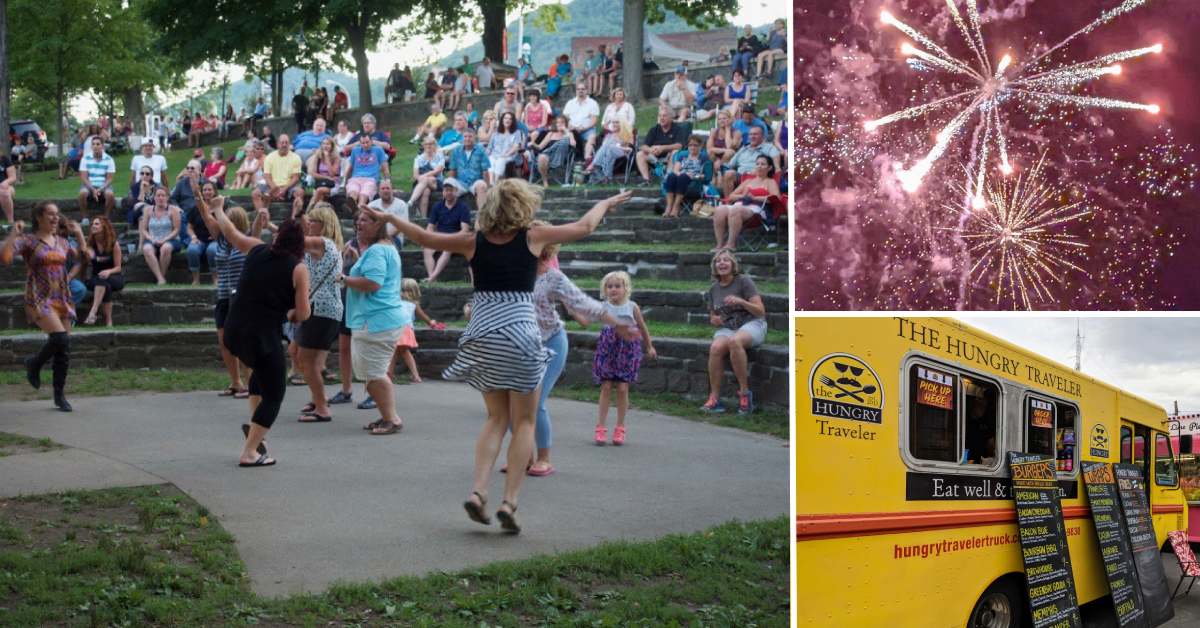 people dance at park, pink fireworks, hungry traveler food truck with signage