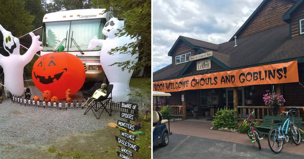 rv campsite decorated for halloween on the left, banner on lodge on the right that says boo! welcome ghouls and goblins!
