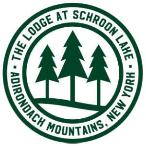 lodge at schroon lake adirondack mountains, new york logo, text surrounding three pine trees