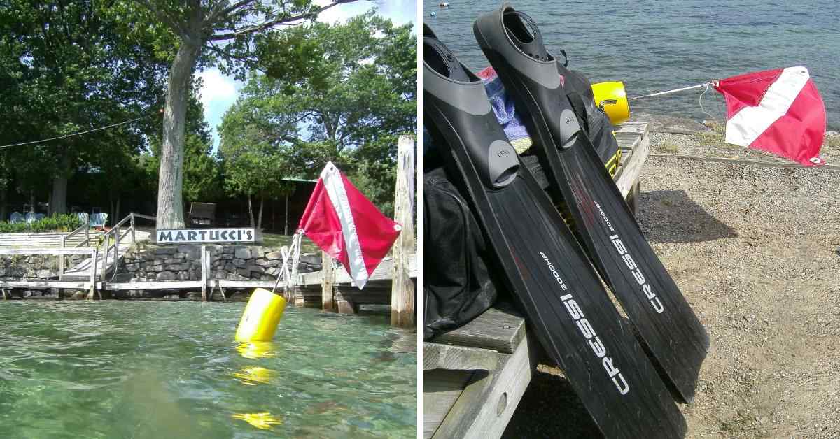 left image of a boat dock and sign for Martucci's and right image of black scuba flippers