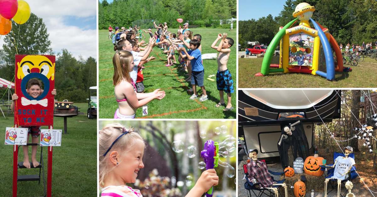 children having fun at themed weeks at campground with games, bubbles, decorations, etc.