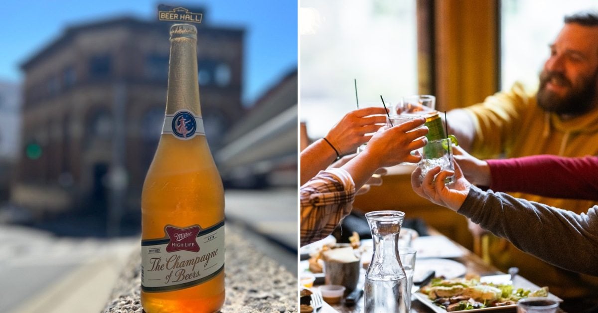 split image. on left is a beer bottle with building in background. on right is group of people cheersing at a table