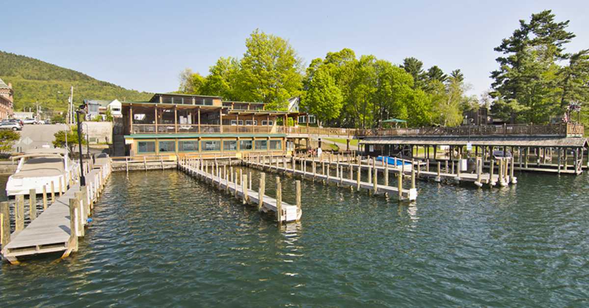 long boat boardwalks near a restaurant